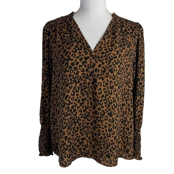 Aqua Leopard Print Blouse Size Small V Neck Brown and Black Polyester Cocktail - Picture 1 of 8